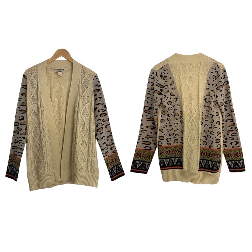 Flying Tomato Cardigan Sweater Ivory Aztec Tribal Leopard Mixed Print Open Sz L